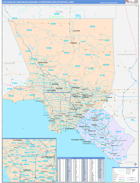 Los Angeles-Long Beach-Anaheim Metro Area Wall Map Color Cast Style